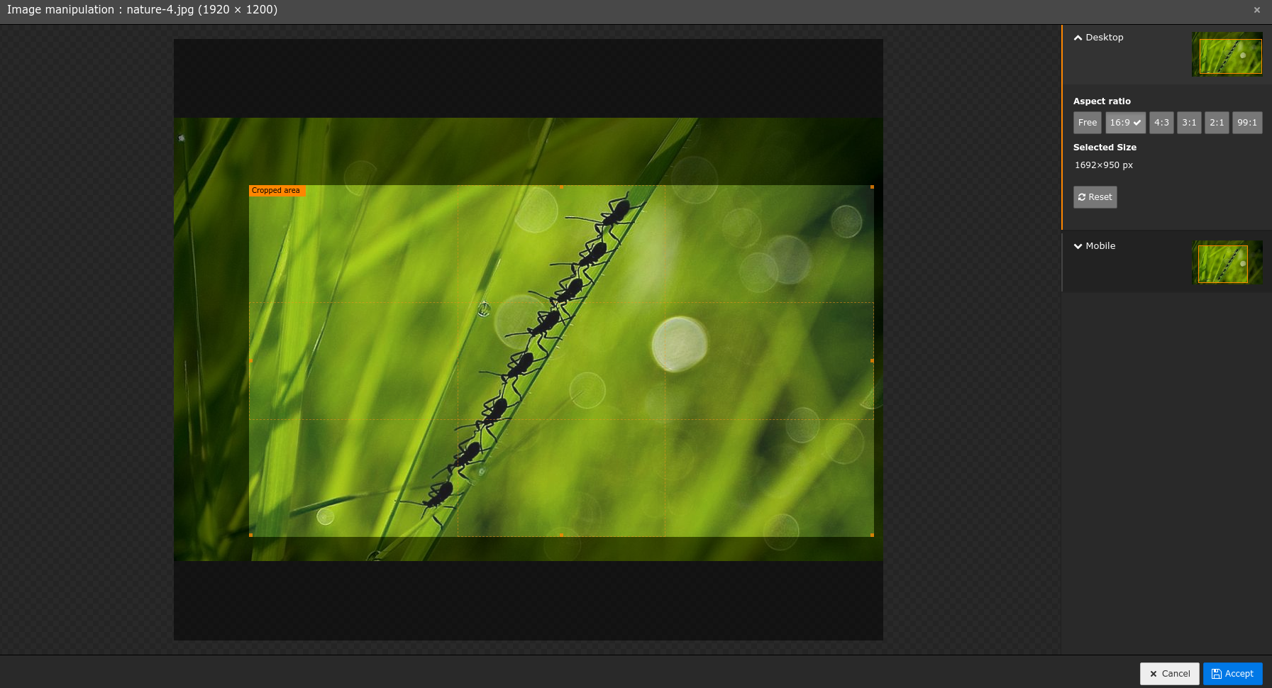 The image manipulation wizard with two crop variants for default and mobile in TYPO3 8.7