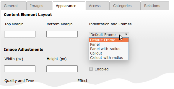 Panels in Indentation and Frames settings