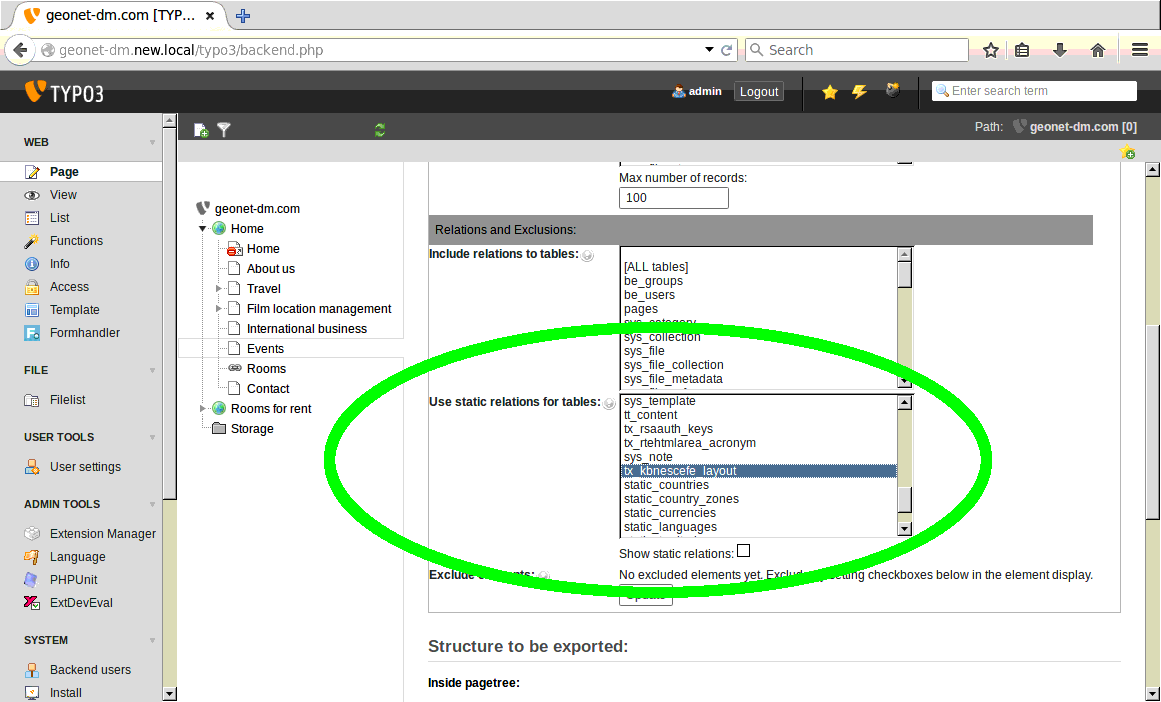Select the tx\_kbnescefe\_layout table in the "Use static relations for table" field
