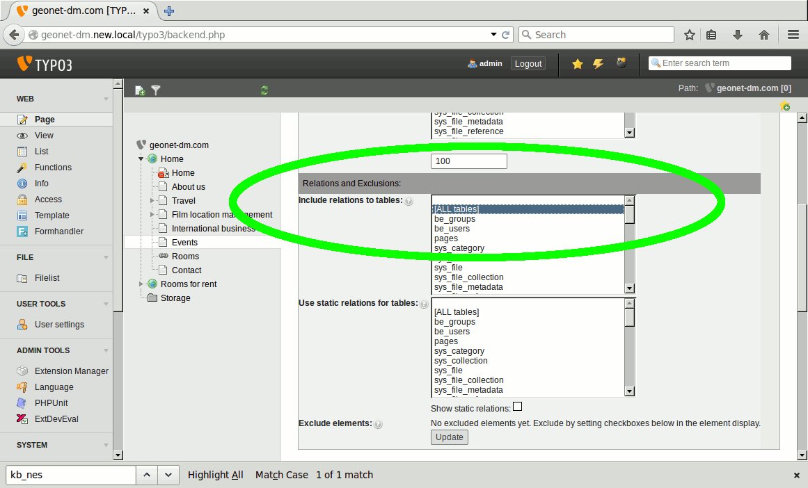 Select the tx\_kbnescefe\_layout table in the "Include relations to tables" field
