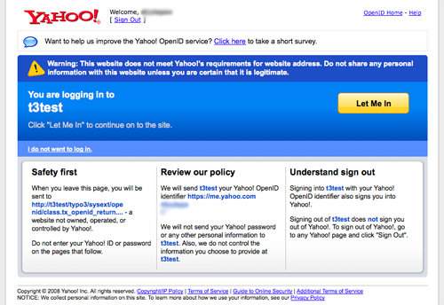 Yahoo! OpenID screen