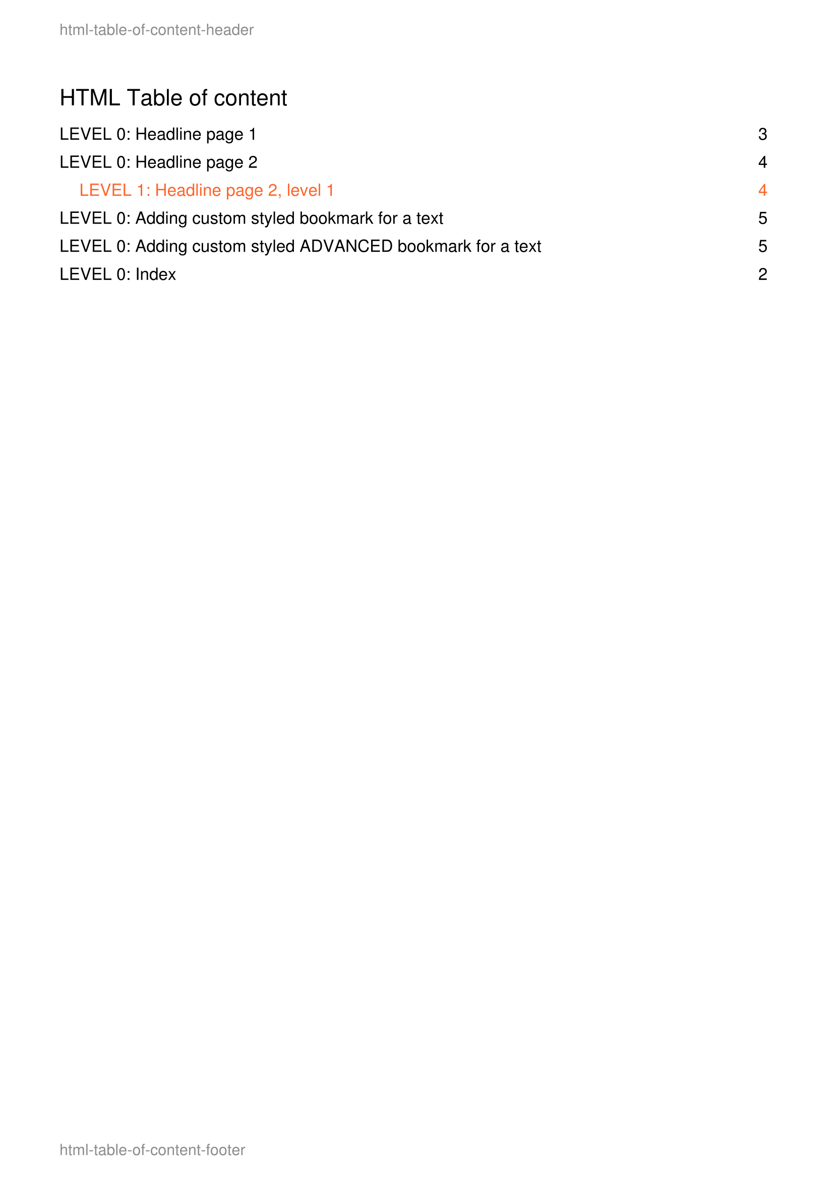 Table of content example output