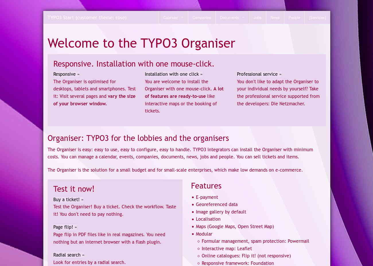The rose theme of Start TYPO3 Responsive +Customer