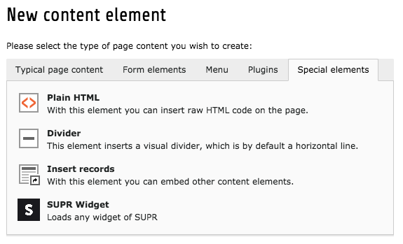 "New content element" wizard